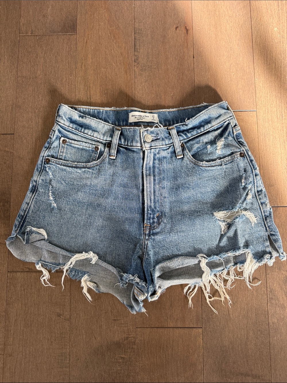 Abercrombie & Fitch Curve Love Light Blue Distressed Denim Shorts